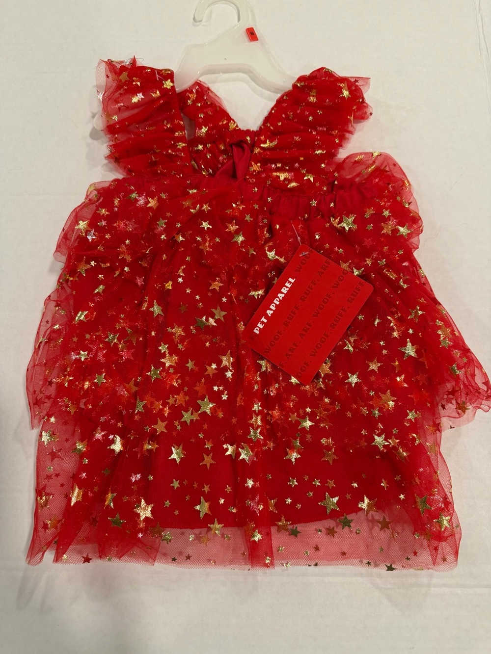 NWT Pet Apparel Sz S Festive Red Gold Star Print Ruffle TrimTulle Dress for Dogs